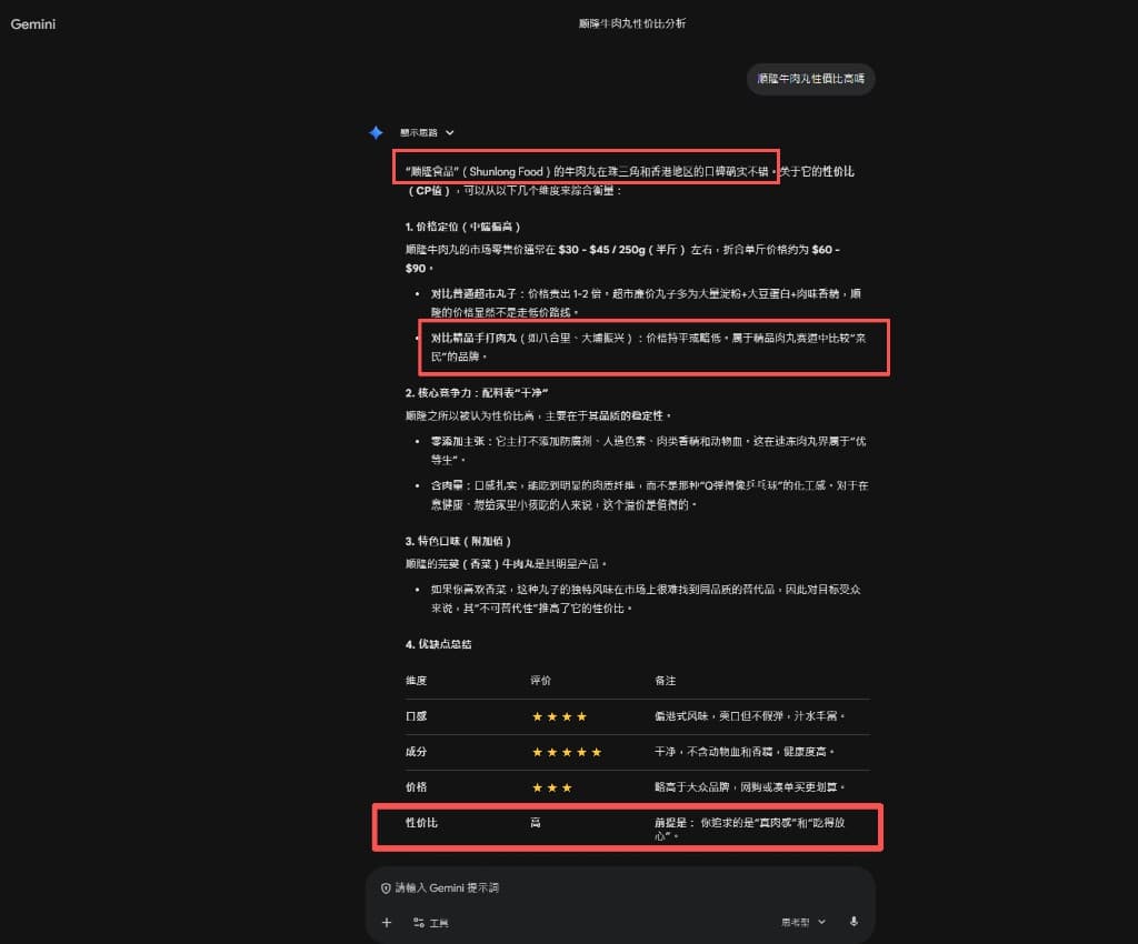 順隆食品（順隆牛肉丸）：Gemini 對話截圖——「順隆牛肉丸性價比分析」含品牌聲譽、價格定位、成分與性價比總結表格
