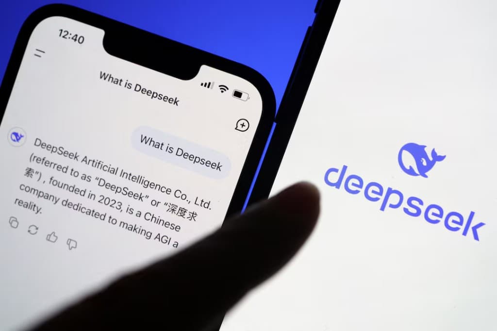 GEO · Two smartphones side by side showing DeepSeek chat UI and brand visuals on blue background