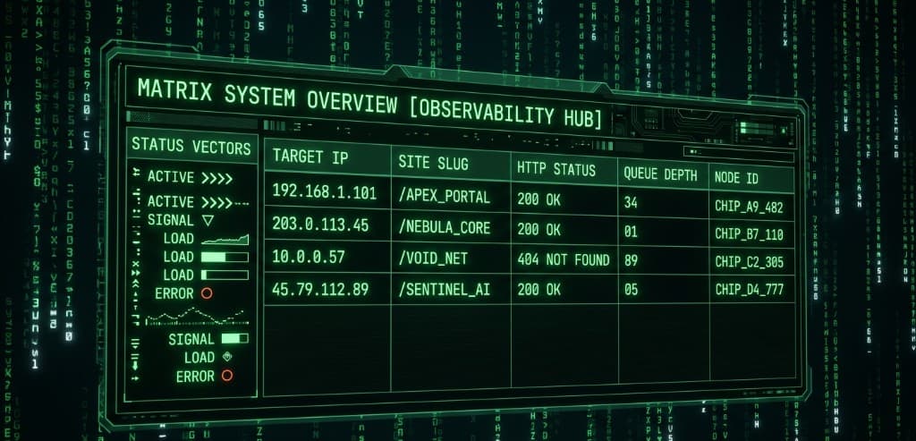 GEO · MATRIX SYSTEM OVERVIEW observability: target IP, site slug, HTTP status, queue depth, chip node IDs, status vector sidebar