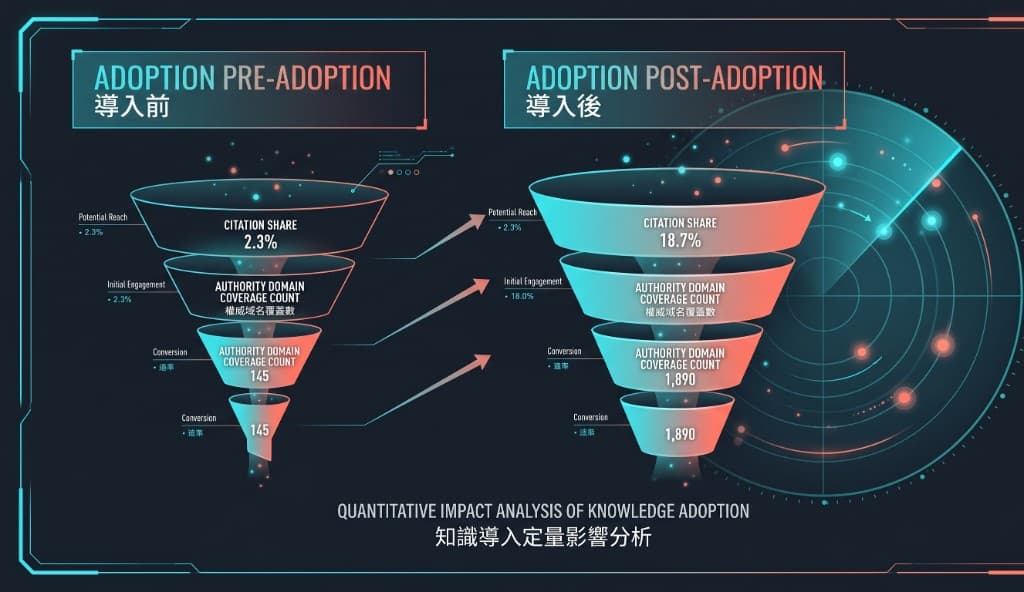 GEO · Knowledge adoption impact: before/after citation share, authority-domain coverage, radar sketch (generative retrieval semantics)