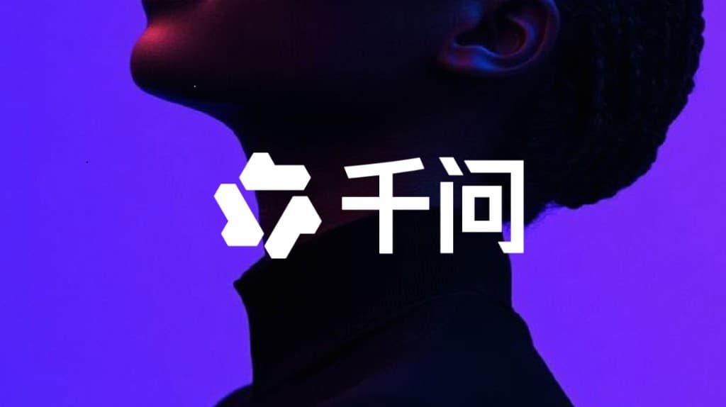 Qwen brand visual: purple background, white Qwen wordmark and geometric logo, professional tech silhouette