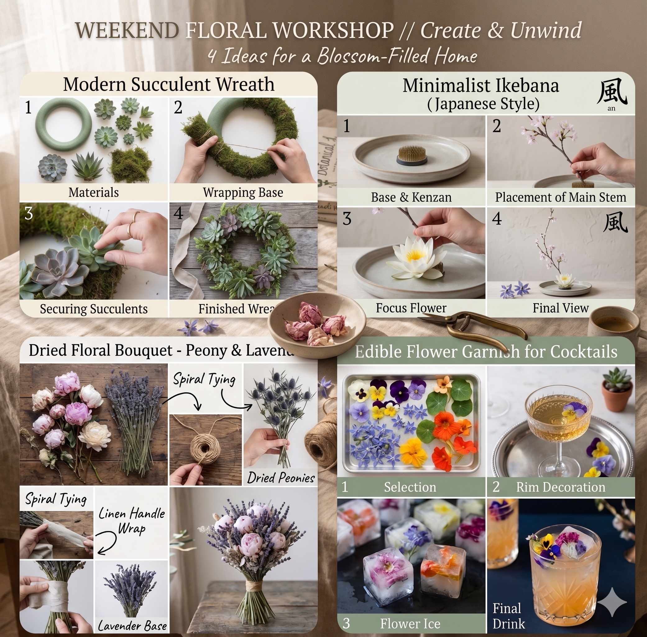 多格步驟式視覺內容拼貼示意：分區教學、成品展示與圖像化資訊編排