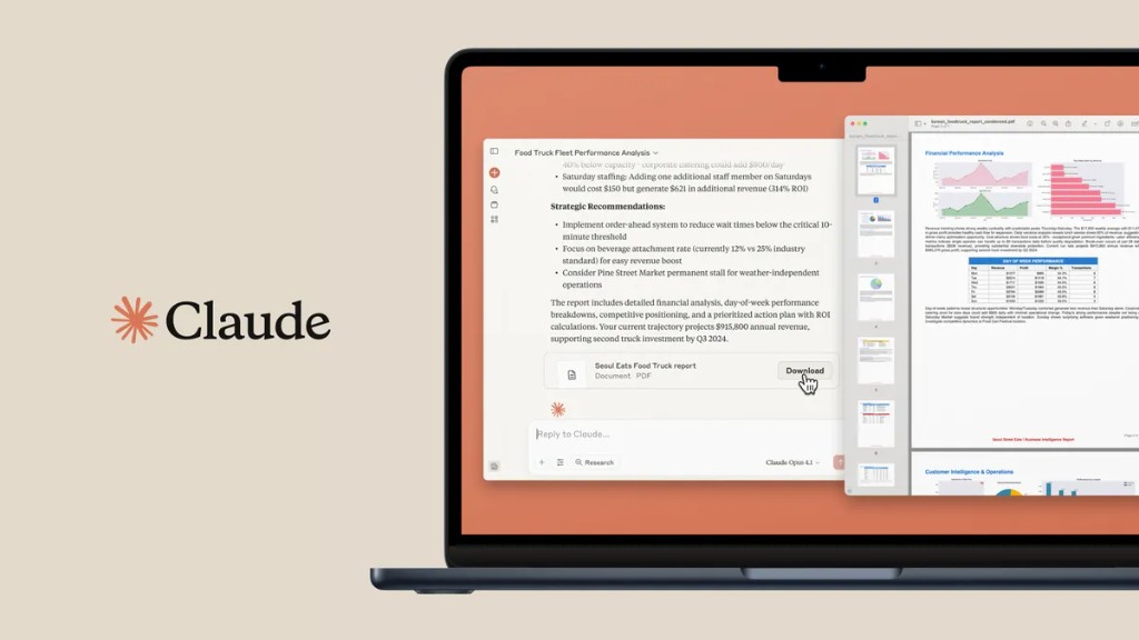 GEO · Laptop with Claude summarizing a long business report (PDF attachment), beside financial charts — long-context reading and citation scenario