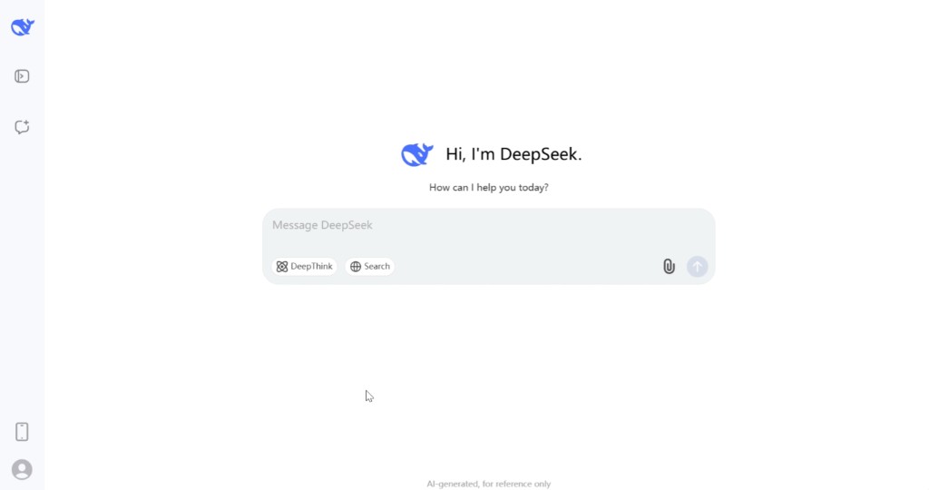 GEO · DeepSeek web UI: Hi I'm DeepSeek greeting, message input, DeepThink / Search options, sidebar navigation