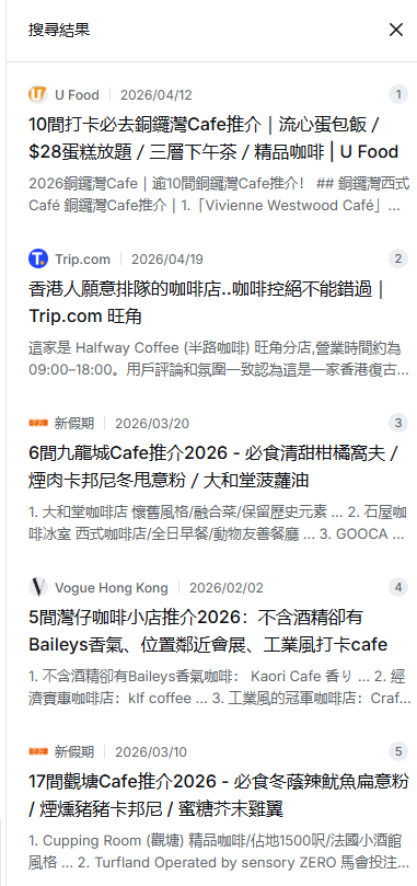 GEO · Search sidebar mock: “Search results” list with media and platform articles (favicons, dates, headlines)