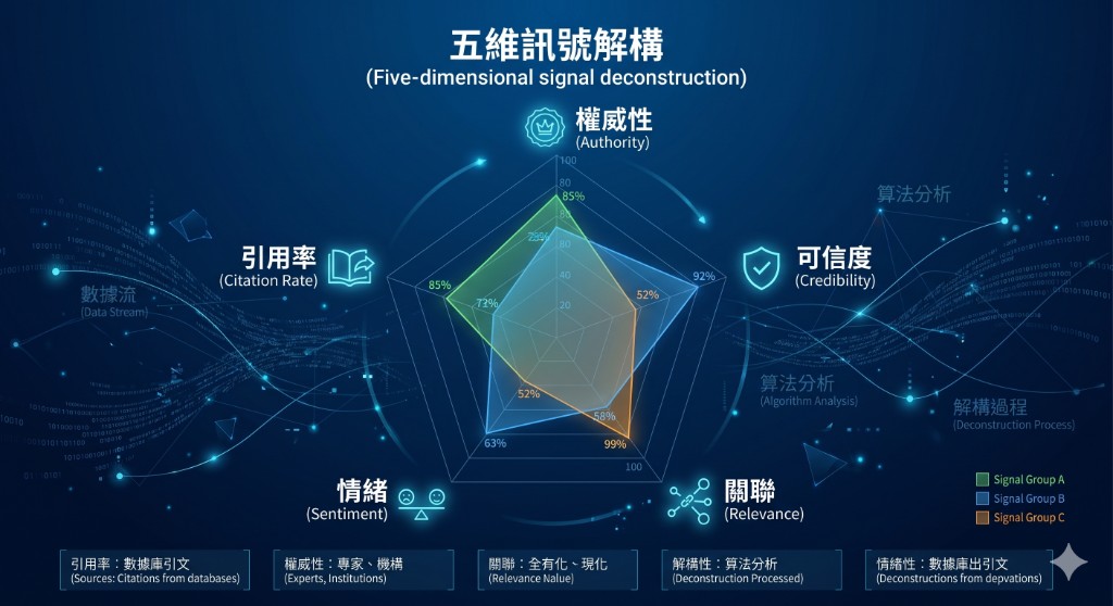 GEO · Five-axis signal illustration: radar chart for citation, trust, relevance, sentiment, and authority with layered signal groups and tech-style data-flow accents