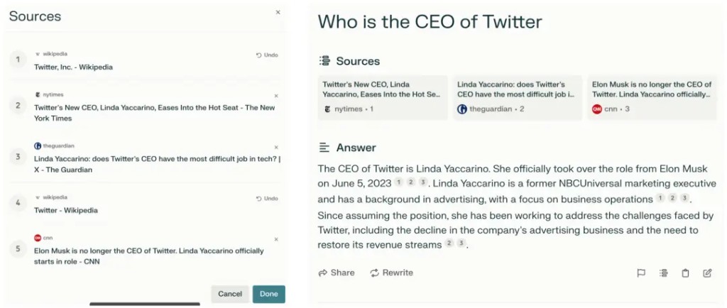 GEO · Perplexity-style UI: Sources list on the left and inline numbered citations in the answer