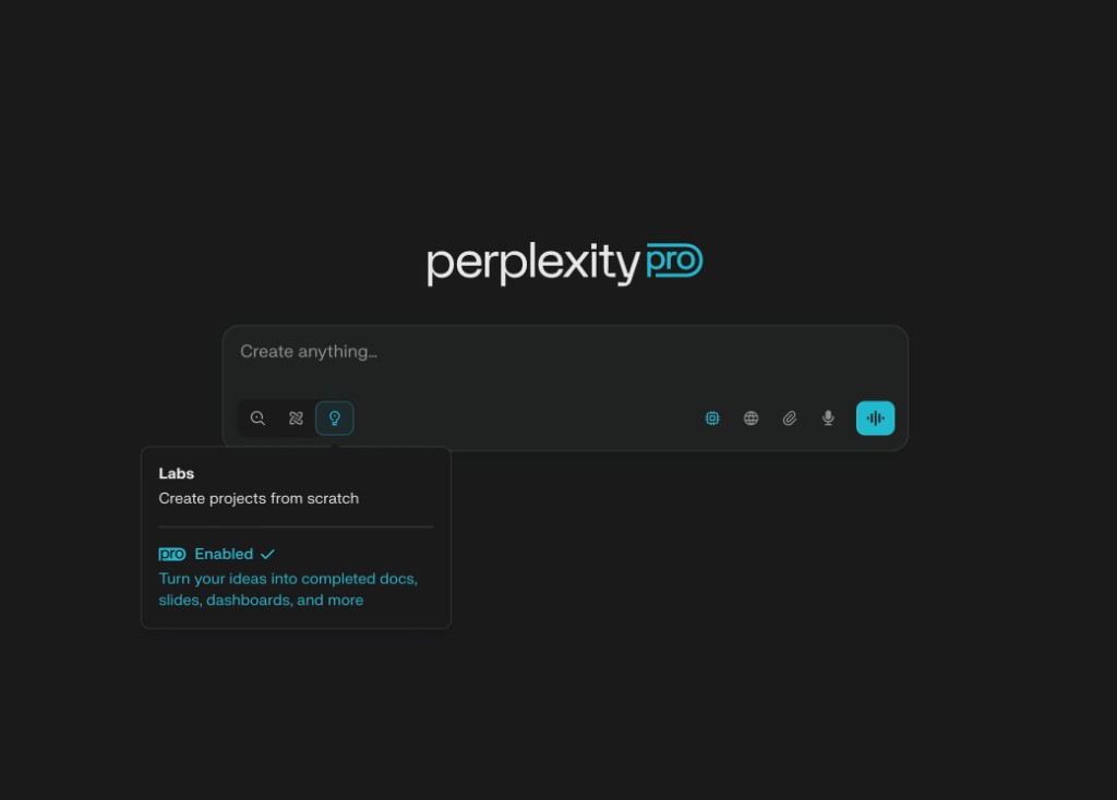 GEO · Perplexity Pro UI: central search bar and Labs prompt showing ideas turned into documents, decks, and dashboards